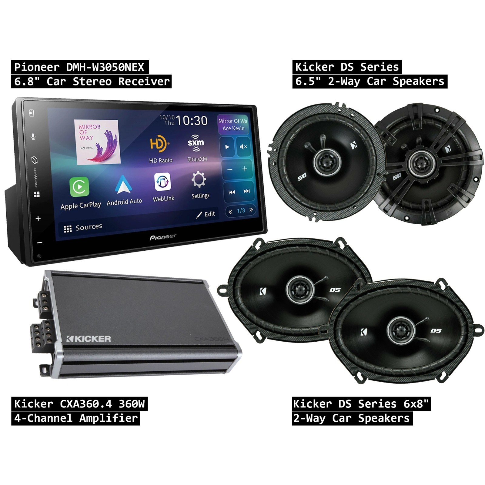 Pioneer DMH-W3050NEX Car Stereo Receiver + Kicker Speakers + Kicker Amp Package