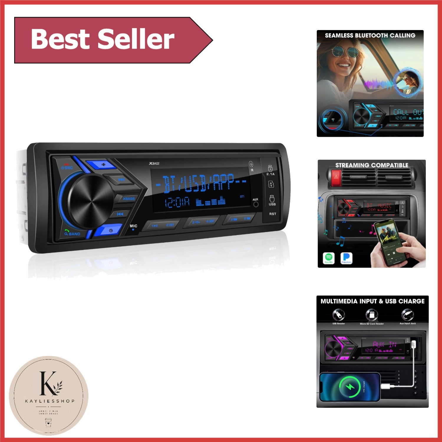 In-Dash 1-Din Stereo with Bluetooth, USB Charging, and Music Streaming