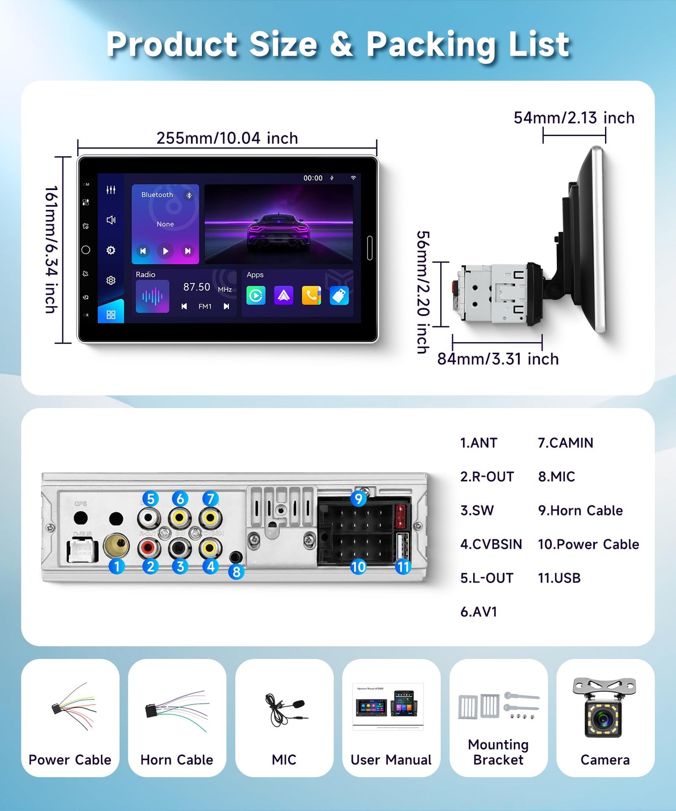 10.1 inch Single Din Radio Wireless CarPlay Android Auto, Detachable Touchscr…