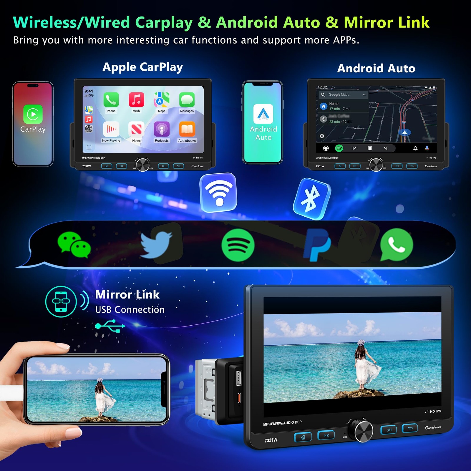 7″ Single Din Touchscreen Radio, Floating Car Stereo with Wireless Apple CarP…