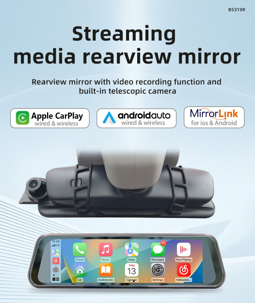 Apple CarPlay Car Rearview Mirror DVR Driving Recorder 9.36in AUX/BT/FM/TF Cam