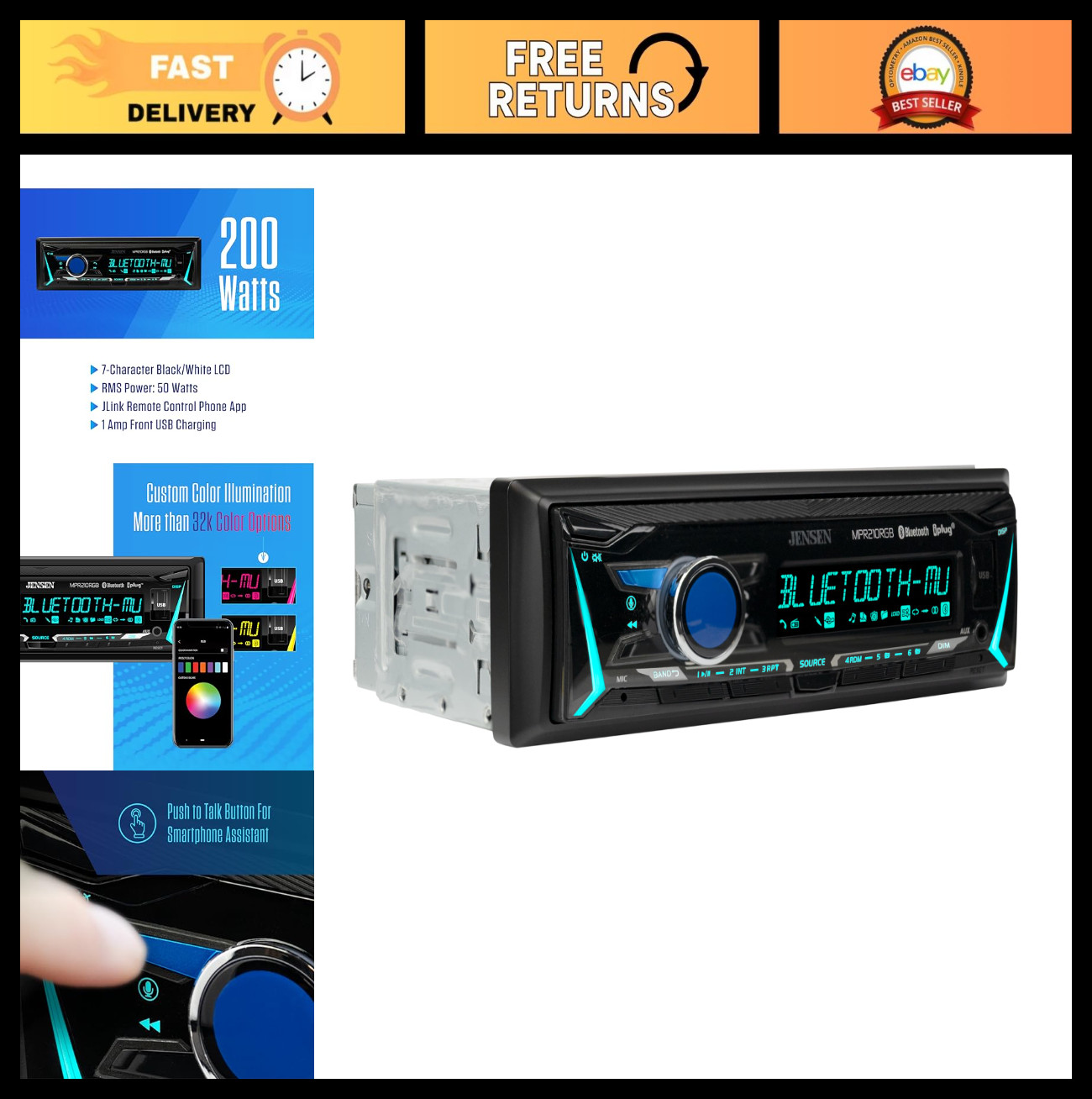 12-Character LCD Single DIN Car Stereo | RGB Colors | Bluetooth Hands-Free | USB