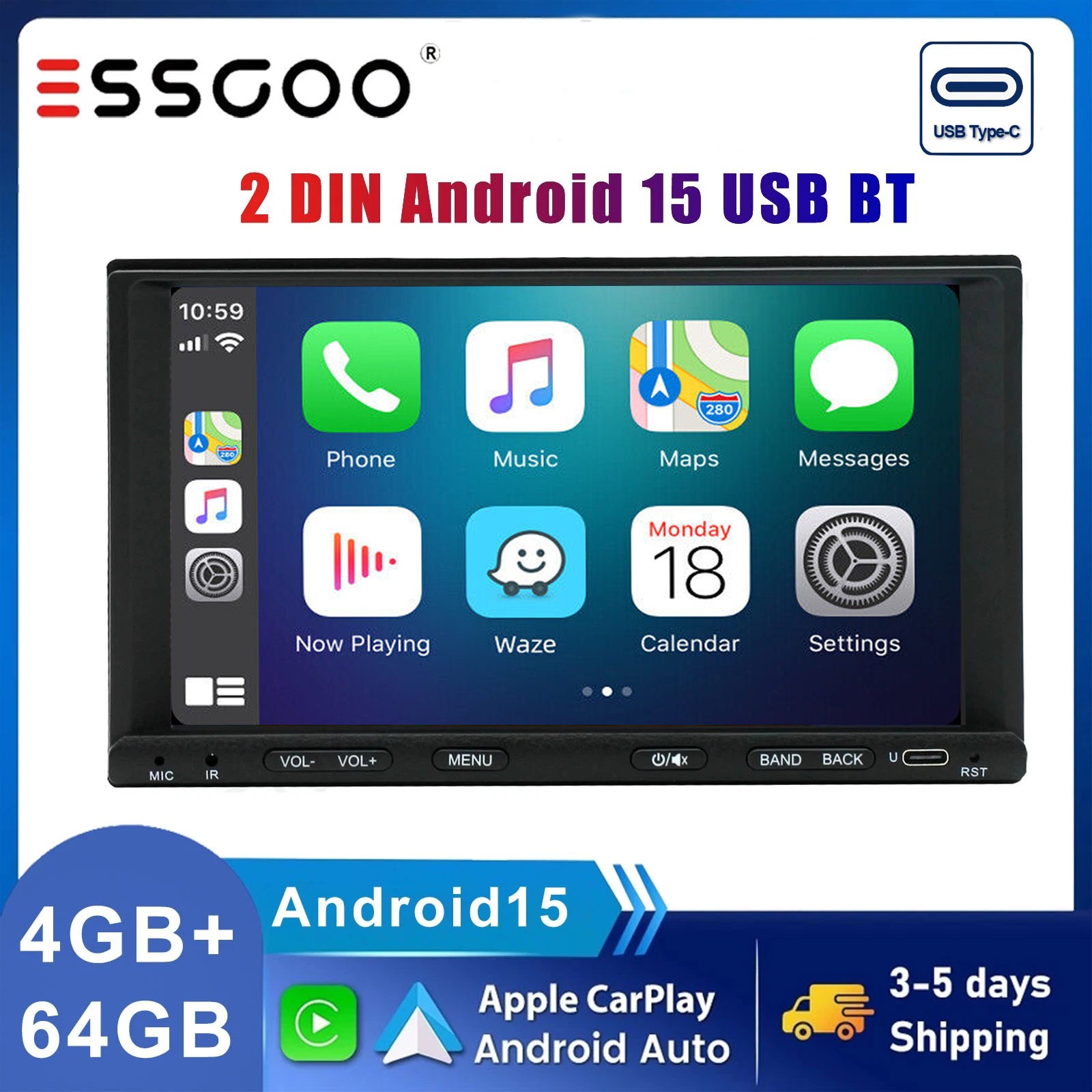 4+64GB Andriod 15 Double 2 DIN Car Stereo with GPS Nav Bluetooth SWC For Carplay