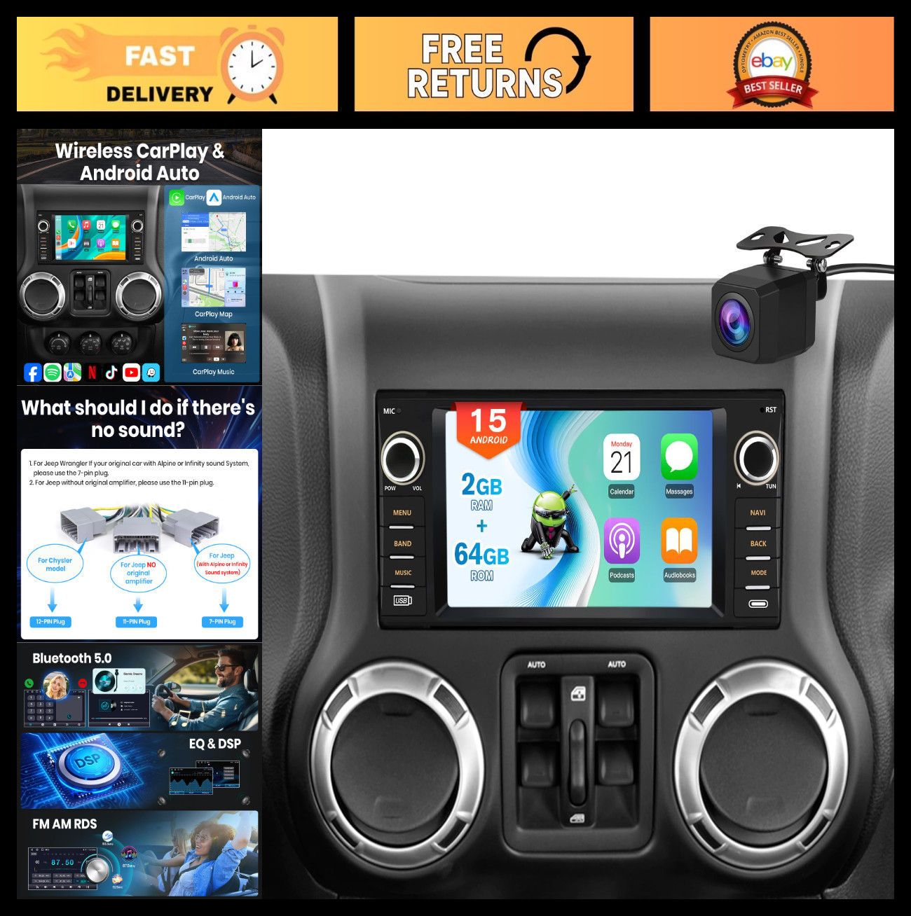 7″ Android Car Stereo for Jeep Wrangler JK & Dodge Ram 1500, 2GB+64GB, Wireless