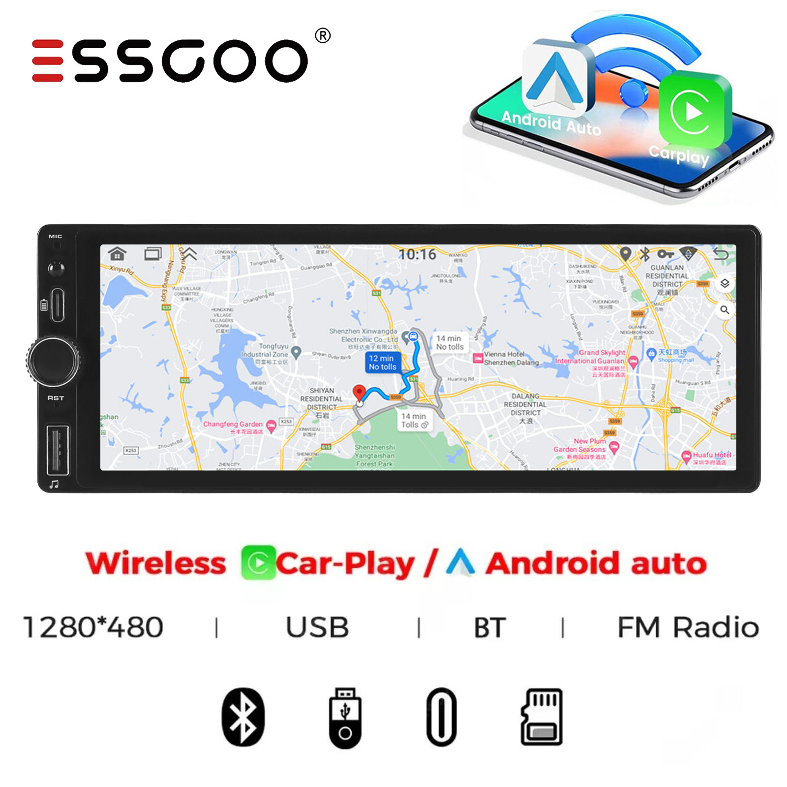6.86″ Single 1 DIN Car Stereo Radio Apple Carplay Android Auto BT Auto Play AUX