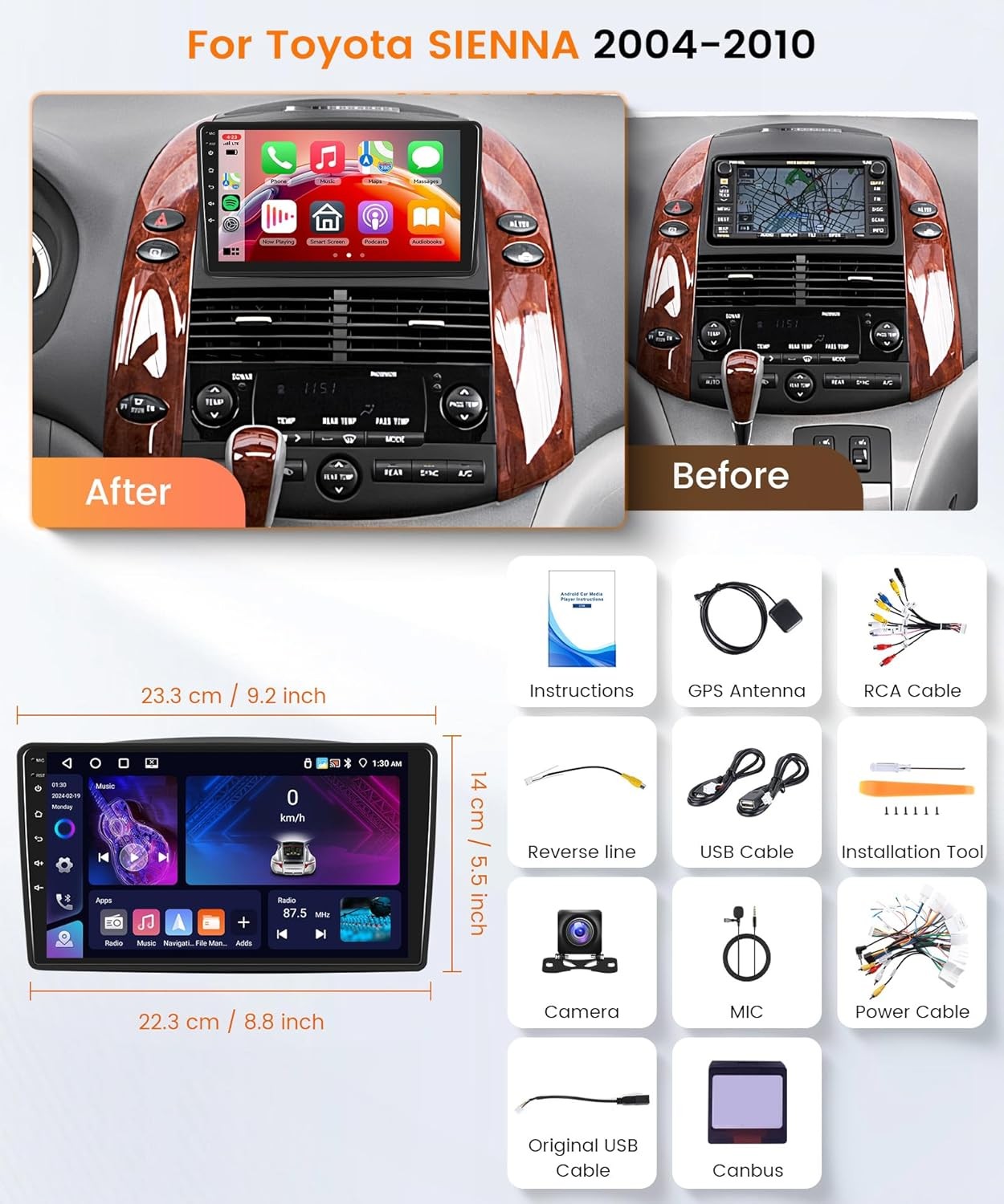 For Toyota Sienna 2004-2010 4Core 64G Android13 Apple CarPlay Car Radio GPS Navi