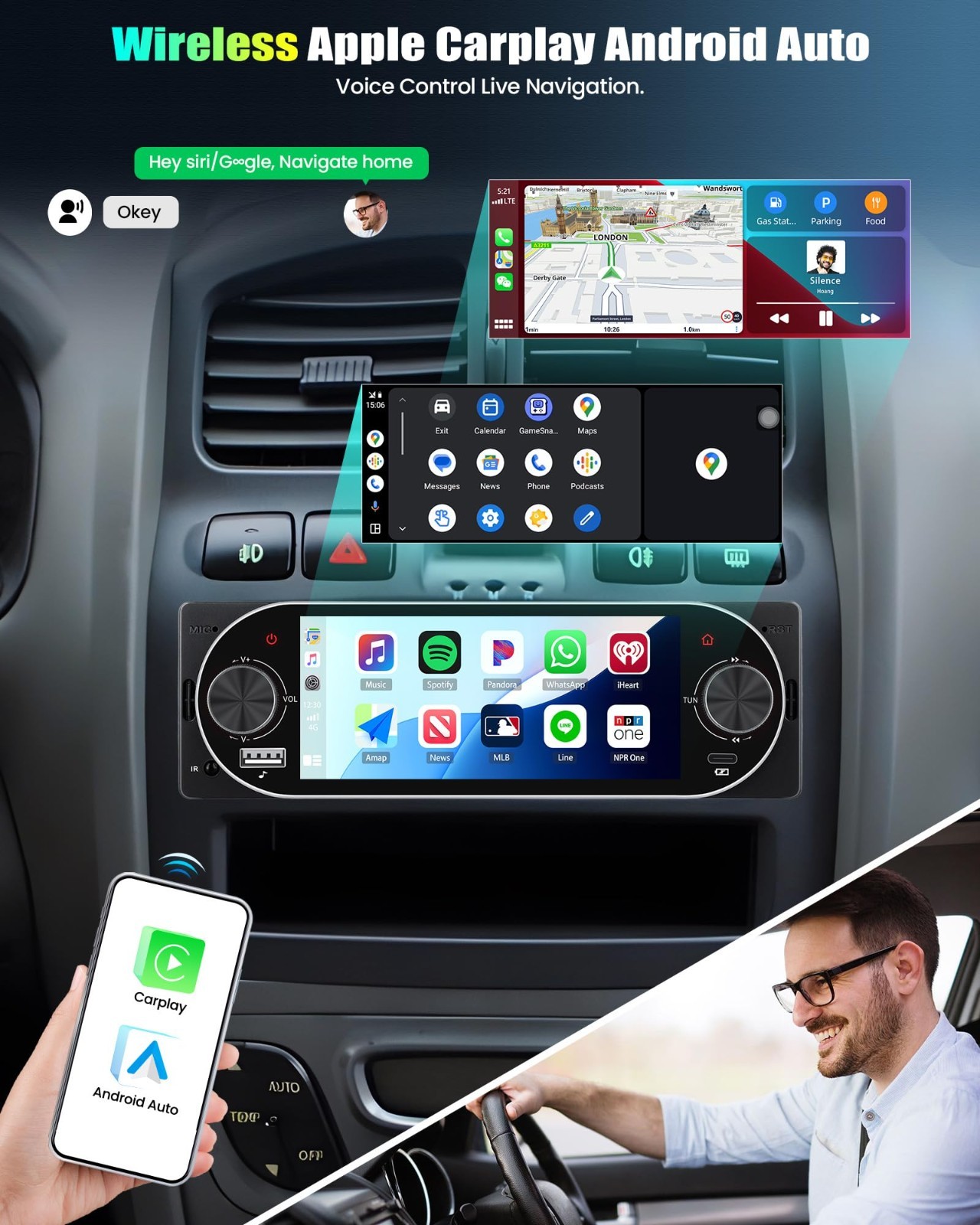 Single Din Car Stereo with Wireless Carplay & Android Auto, 5.1″ Touchscreen, Bl