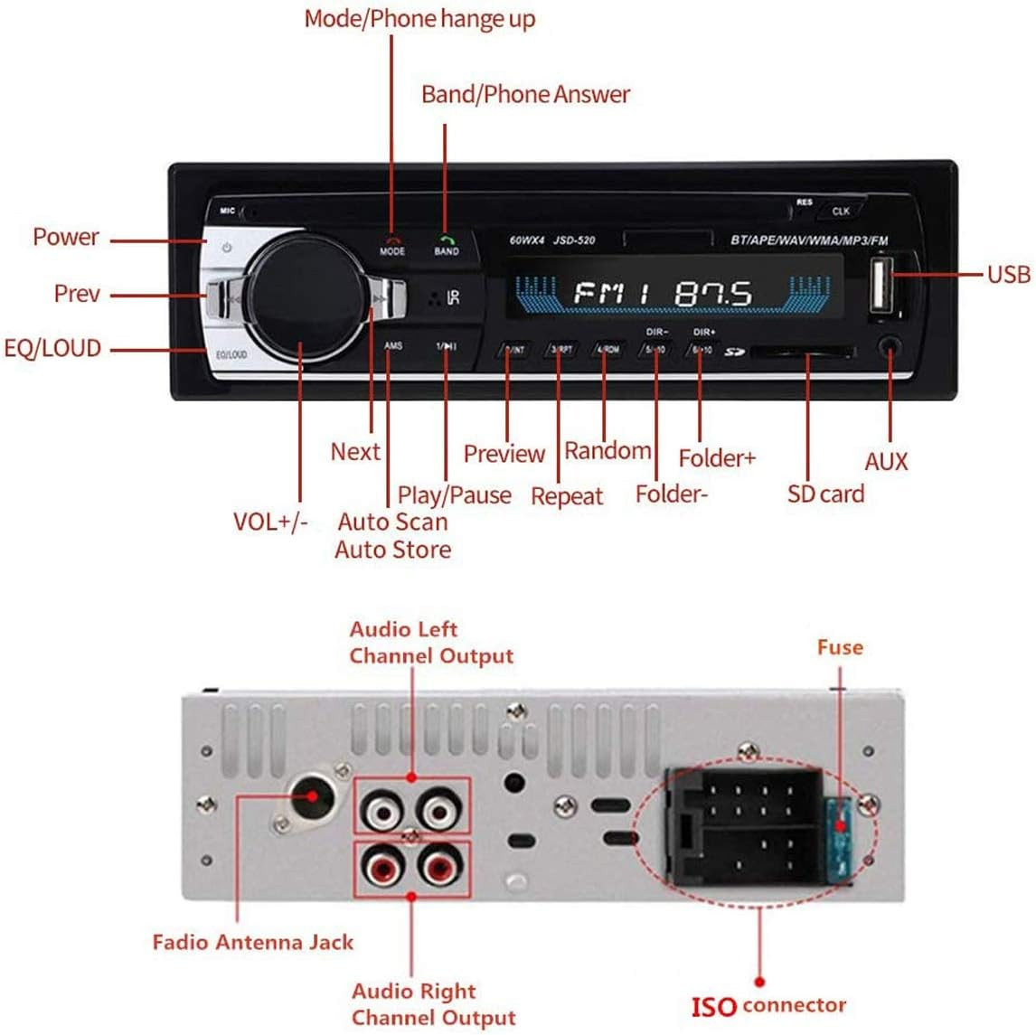 Single Din Car Stereo Receiver Bluetooth Hands-Free, 12V MP3 Audio Player