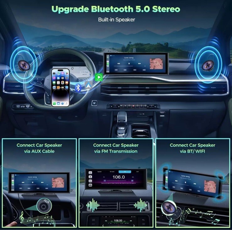 4K Dash Cam 10.26″Car Stereo Radio Wireless Apple Carplay &Android Auto+Rear Cam