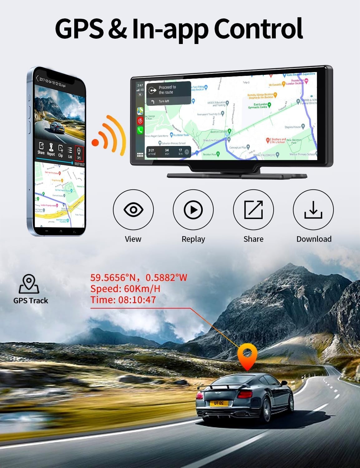 9.3″ Portable Car Stereo with Adjustable 4K Dash Cam, ADAS, Wireless