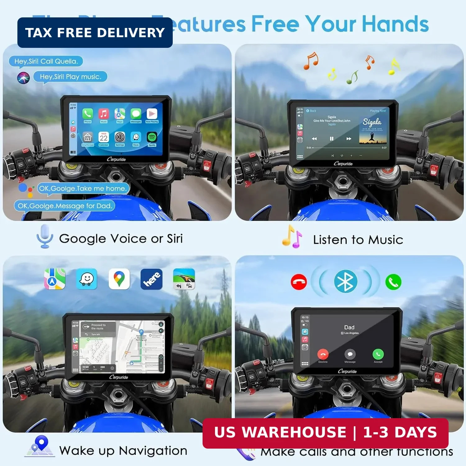 Carpuride W702PRO for Motorcycle CarPlay& Android Auto& Dual Bluetooth – 7″ Wate