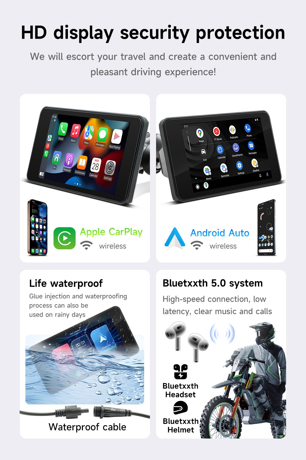 5″ Waterproof Motorcycle Navigator Portable Wireless CarPlay Android Auto Screen