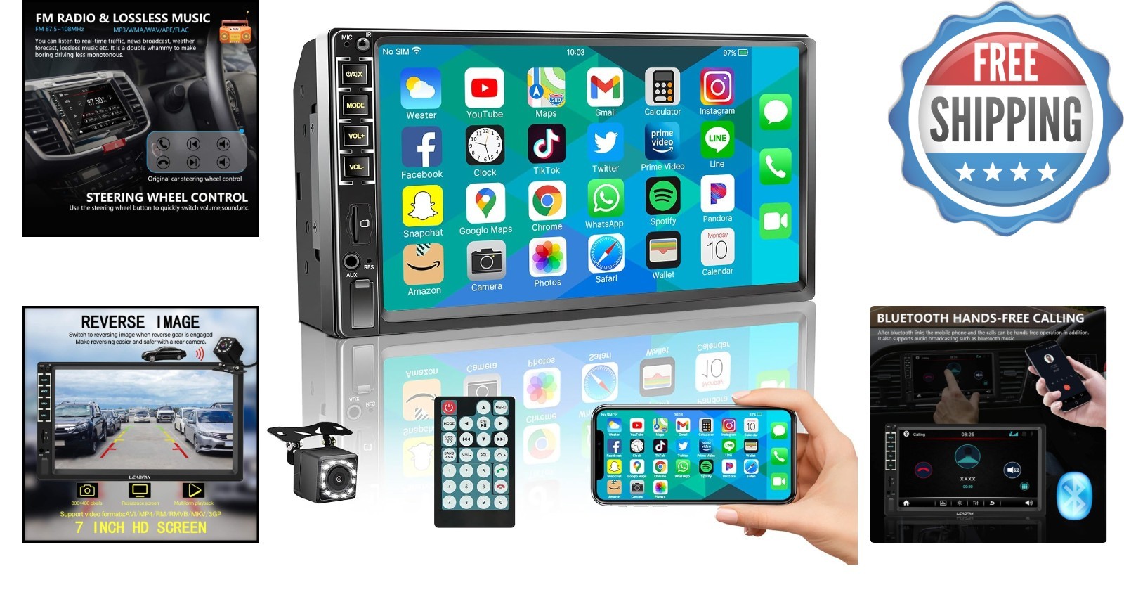 7-Inch Double Din Touchscreen Car Stereo with Bluetooth and Backup Camera