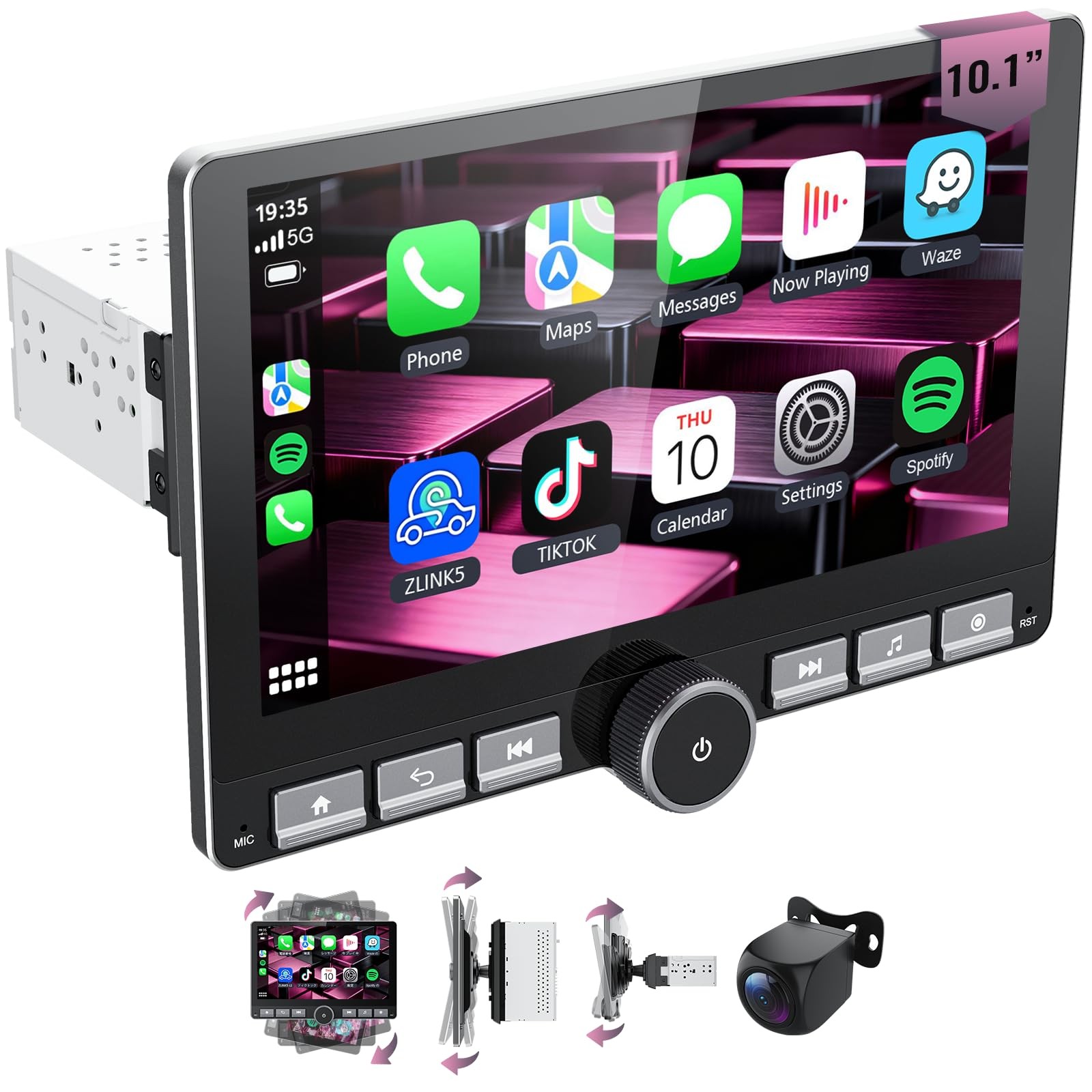 10.1″ 360° Rotatable Touchscreen Car Stereo with Wireless CarPlay & Android A…