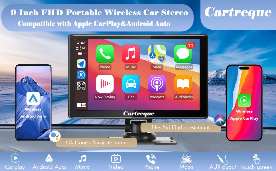 Cartreque Portable Wireless Car Stereo IOS Apple CarPlay Android 9” Touchscreen