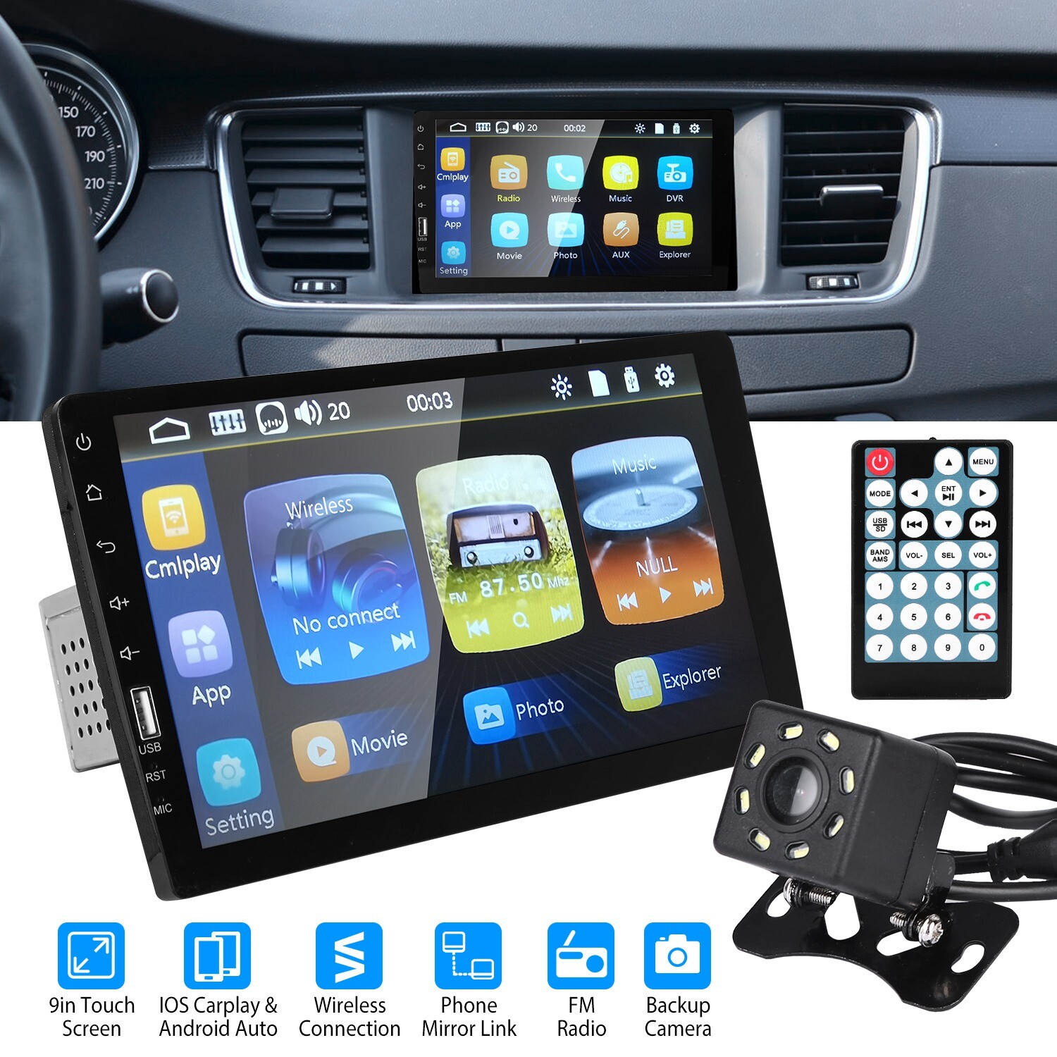 9″ Touch Screen Wireless Car FM Radio Stereo Mp5 Player Mirror Link &Rear Camera