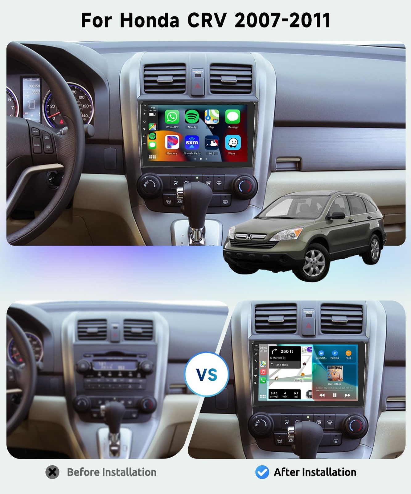 9″ Touchscreen Wireless Carplay Android Auto Stereo for 2007-2011 Honda CRV