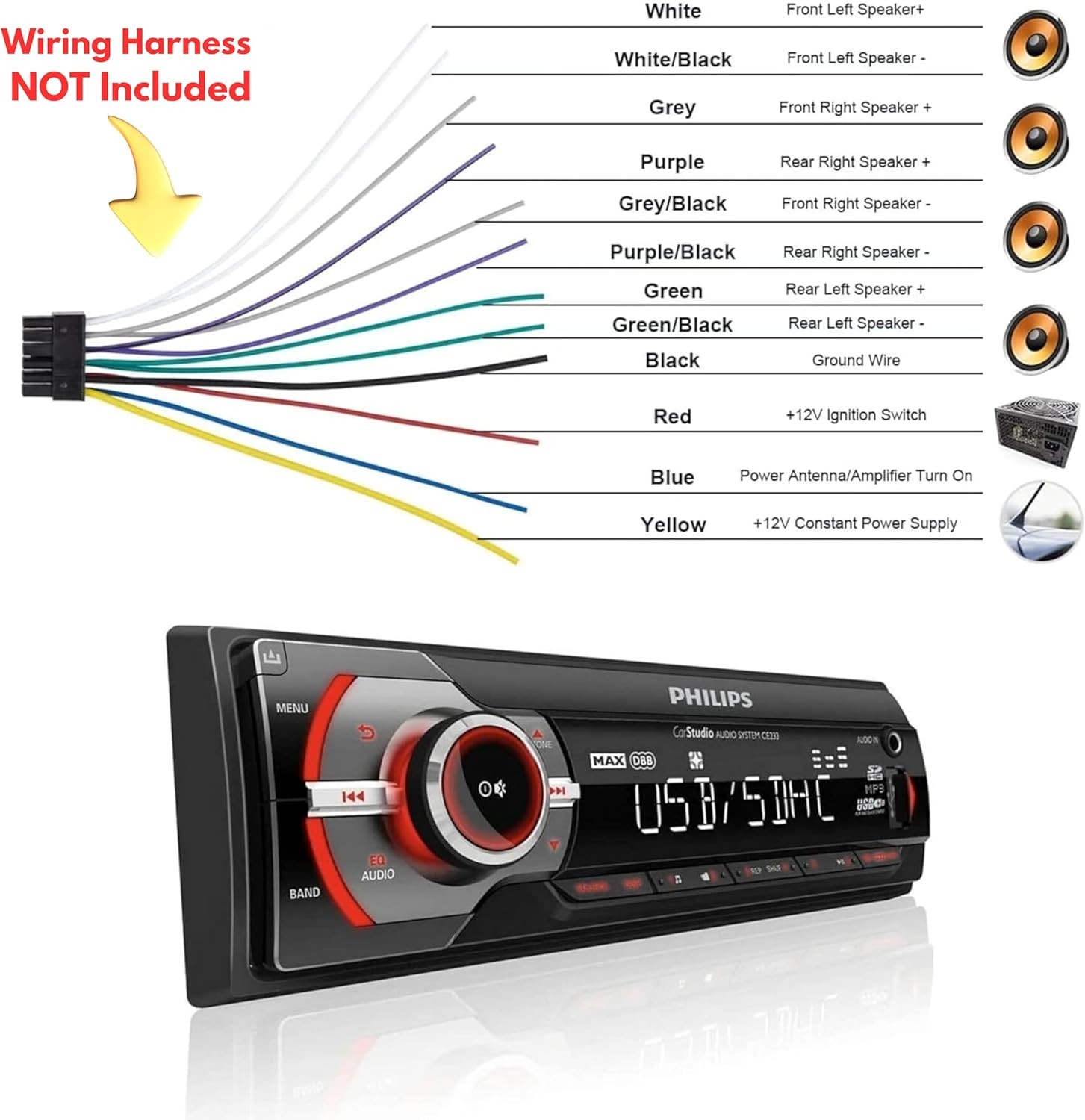 PHILIPS CE233 Digital Car Stereo Audio System , Aux, USB, SD, Mic, 50w x4 Amp.