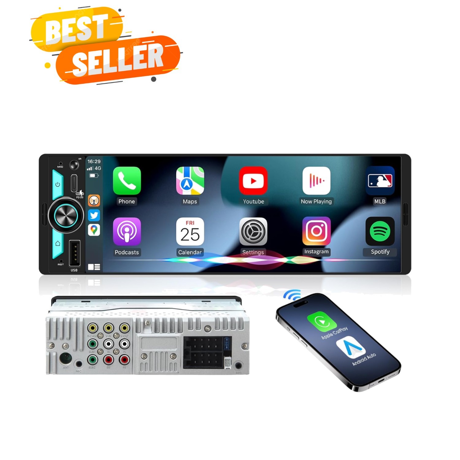 Wireless Single Din CarPlay Stereo: 6.5 Inch Wireless Android Auto Touchscree…
