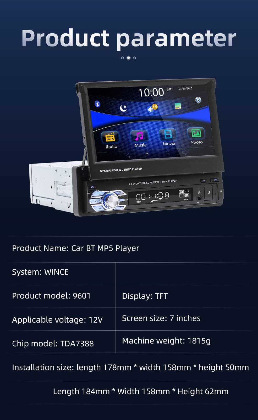 7″ Single 1DIN Car Stereo Radio Flip Out Touch Screen Bluetooth MP5 Player USB