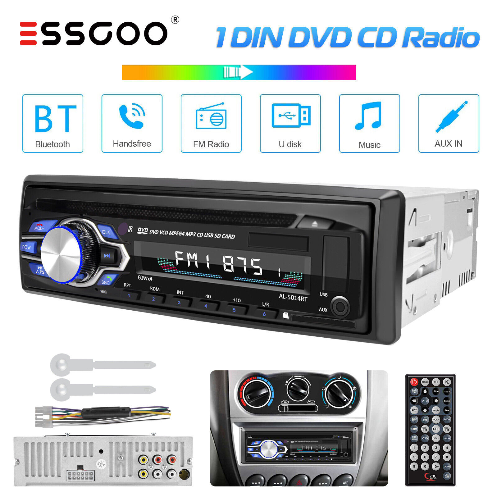 Single DIN Car Stereo CD DVD Player Bluetooth FM Radio USB SD AUX Audio Receiver