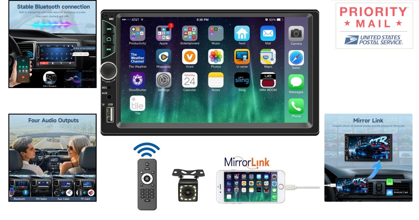 Double Din 7inch Car Stereo with Bluetooth 5.0 and Mirror Link Backup Camera