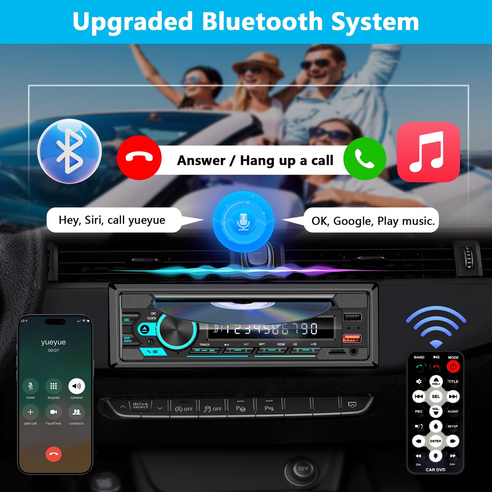 Single DIN CD/DVD Car Stereo with Bluetooth Hands-Free Calling, Push-to-Talk …