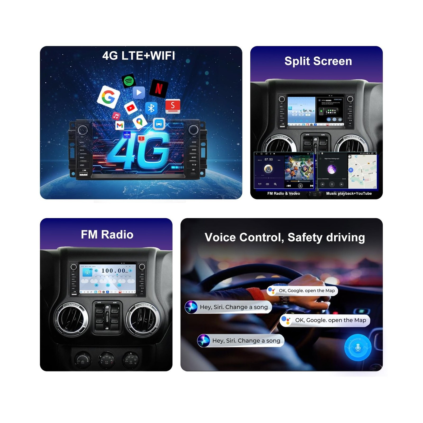 4G LTE QLED Radio for Jeep Wrangler 2007-2018 Chrysler Dodge Ram 1500,Touch S…