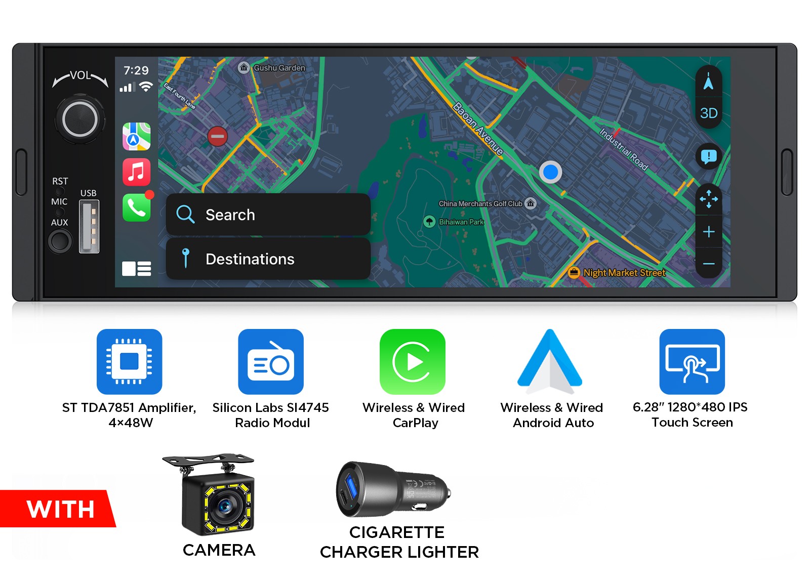Single DIN Car Stereo 6.28″ Wireless CarPlay Android Auto Mirror Link AM/FM RDS