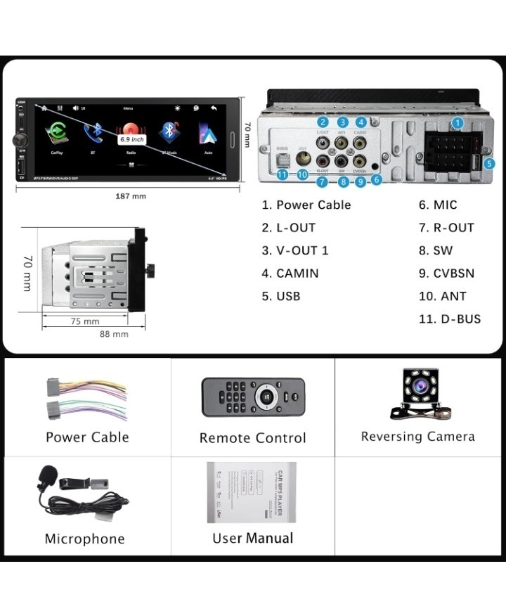 Single Din Car Stereo Carplay Android Auto Car Radio 6.9 Inch Touchscreen Blu…