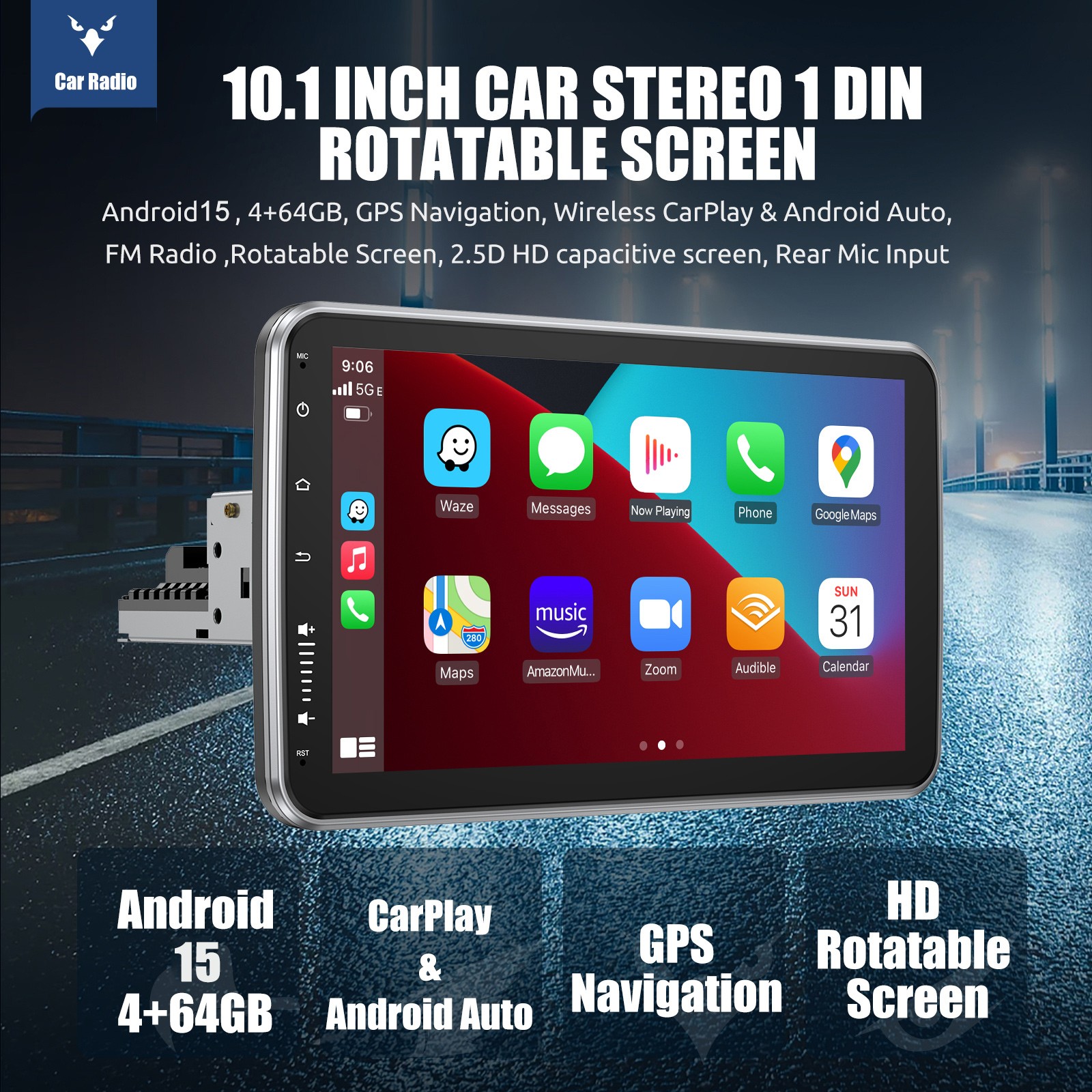 Single 1 DIN 10″ Car Stereo Radio Rotatable Wireless Apple CarPlay Android Auto