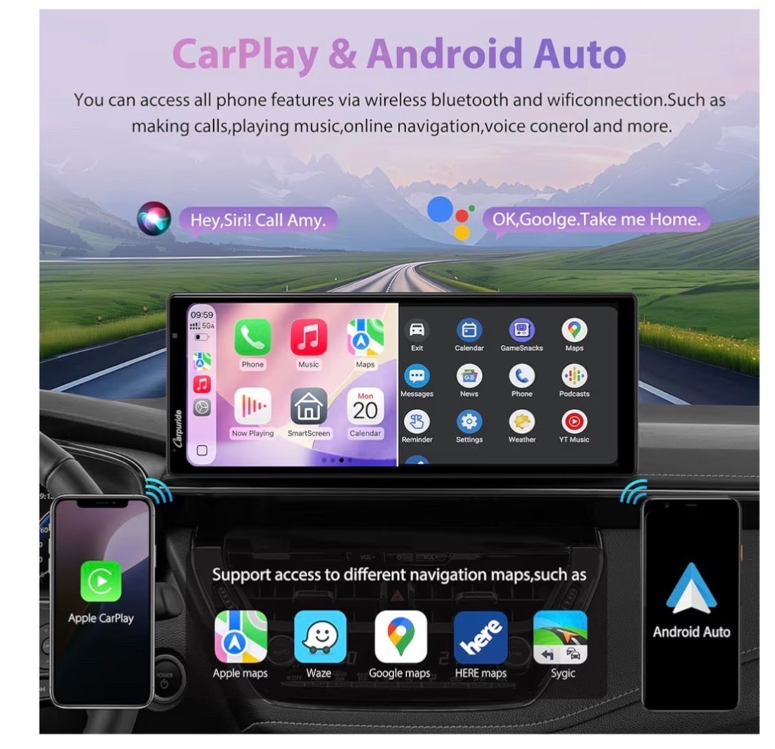W903S3 9.3”HD Wireless Carplay & Android Auto Screen 4K Front +Wired 1080P Rear