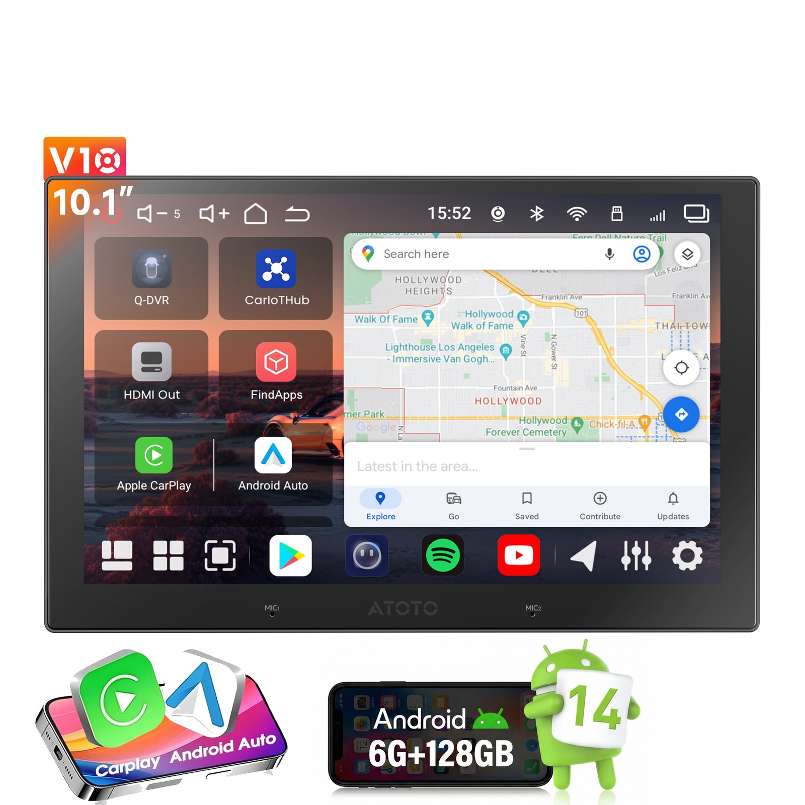 ATOTO V10 10.1” Android 14 Double Din Car Stereo CarPlay & Android Auto 6+128G