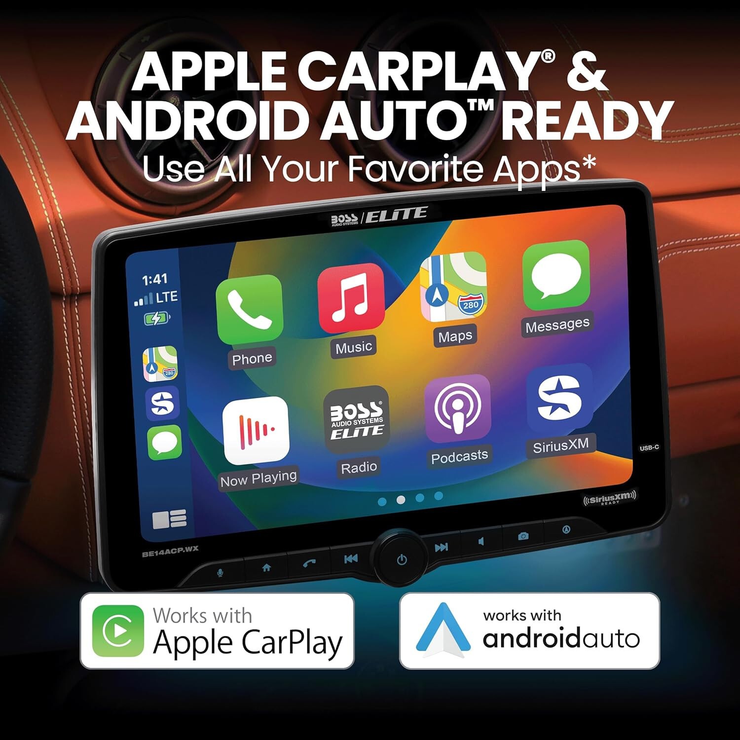 BOSS BE14ACP.WX 1-DIN 14″ Receiver Wireless Apple Carplay/Android Auto SiriusXM