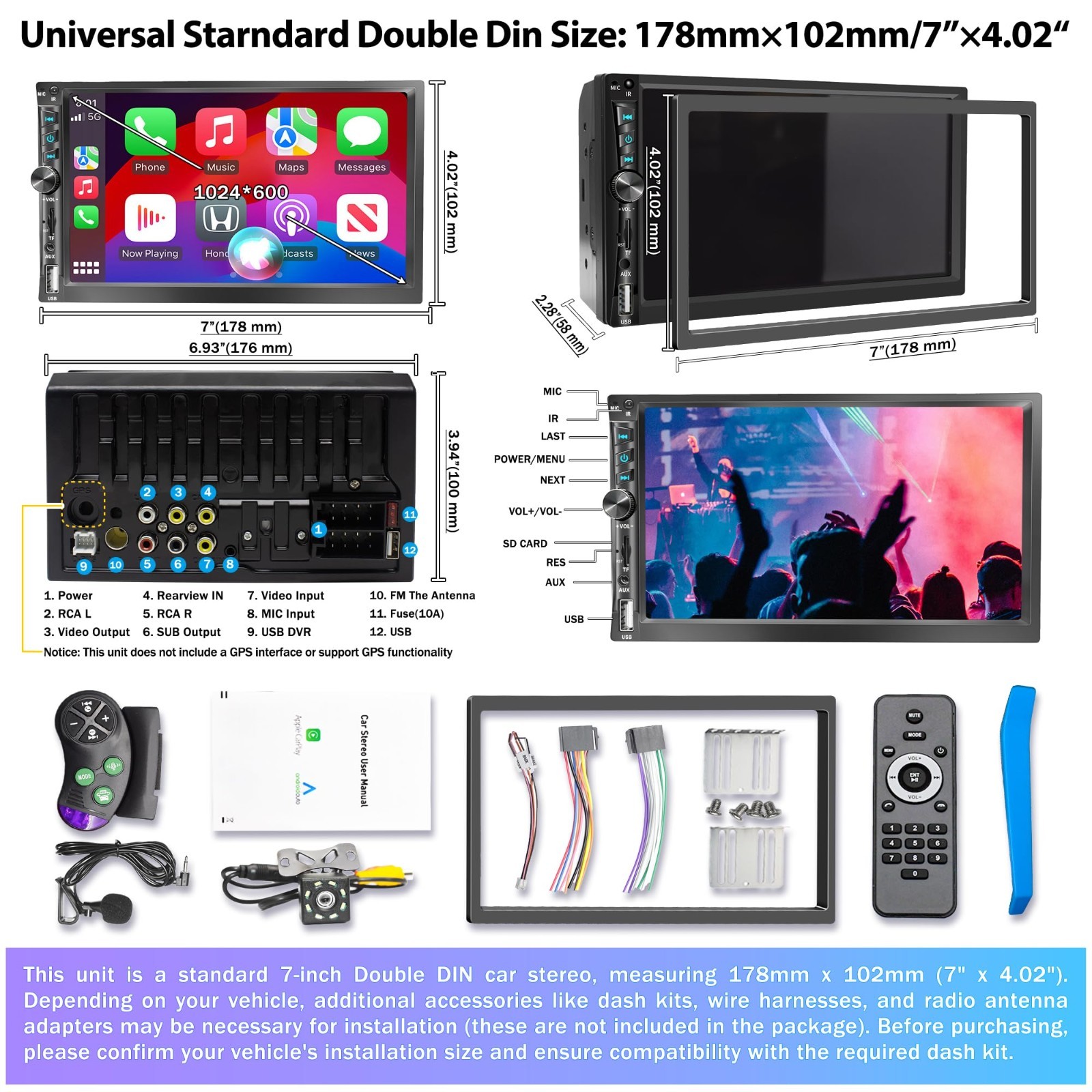 7″ Double Din Car Stereo – Apple CarPlay, Android Auto, Bluetooth 5.2, Touchscre