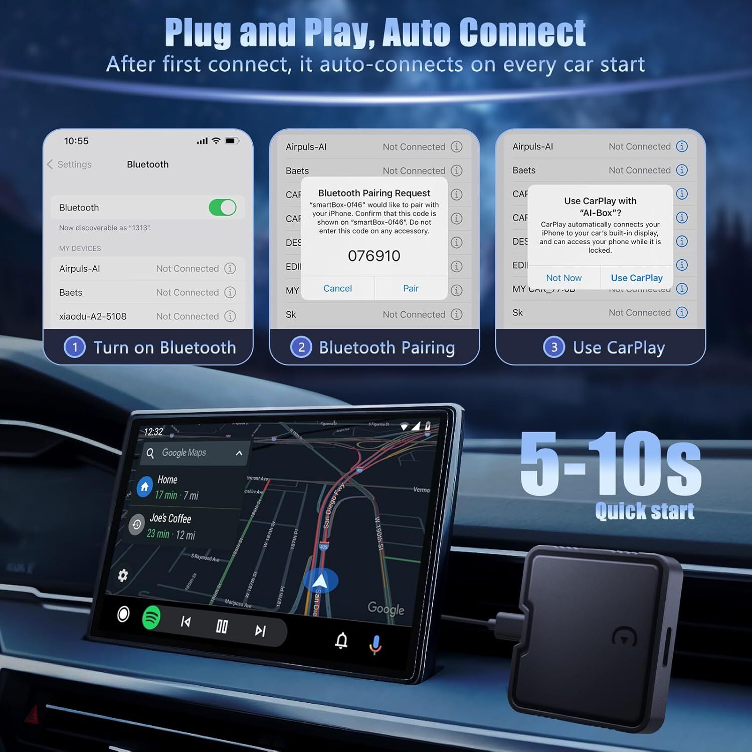 8 Core 4+64GB Wireless Carplay AI BOX Android Auto Adapter WiFi Youtube Netflix