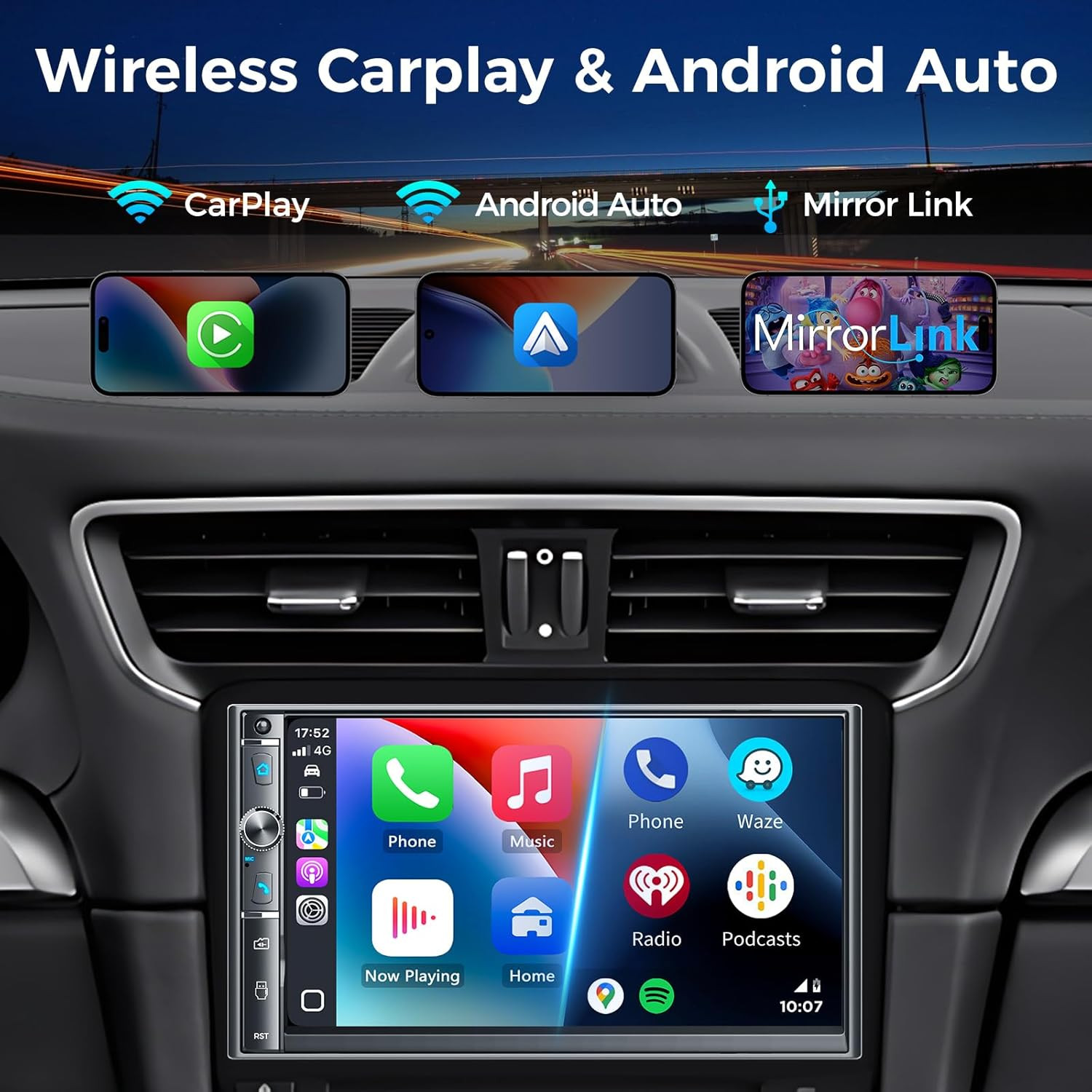 7″ HD Double Din Car Stereo, Wireless CarPlay/Android Auto, Bluetooth, Backup Ca