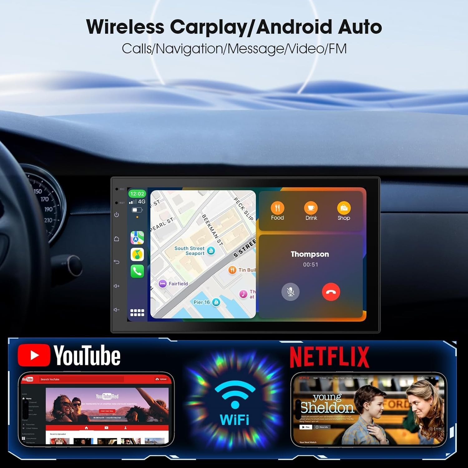 Car Stereo with Wireless CarPlay Android Auto 7 Inch Touch Screen Backup Camera