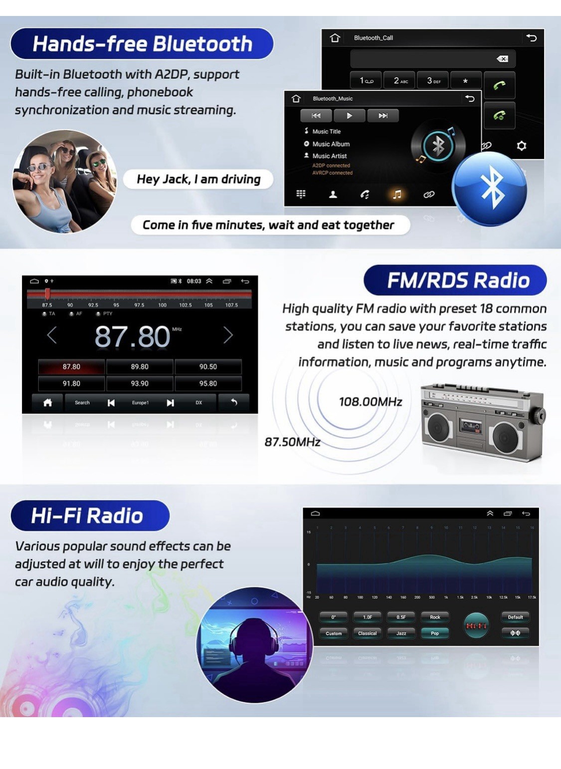 Bluetooth, Touchscreen,CarPlay, Android Auto,Hi-Fi Sound,FM/RDS, Mirror Link,GPS