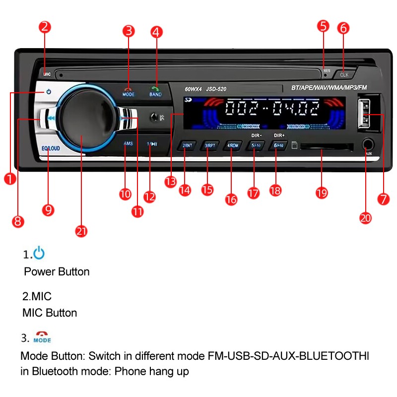 4x60W Single Din In-Dash Car Radio with Steering Remote Bluetooth MP3 Player