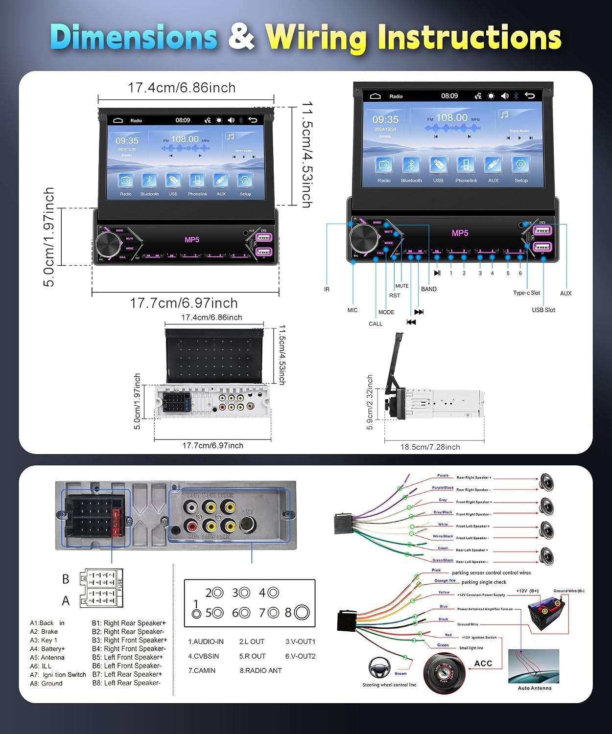 7 inch Single Din Flip Out IPS Touchscreen Car Stereo, 1 Din Car Stereo with Blu
