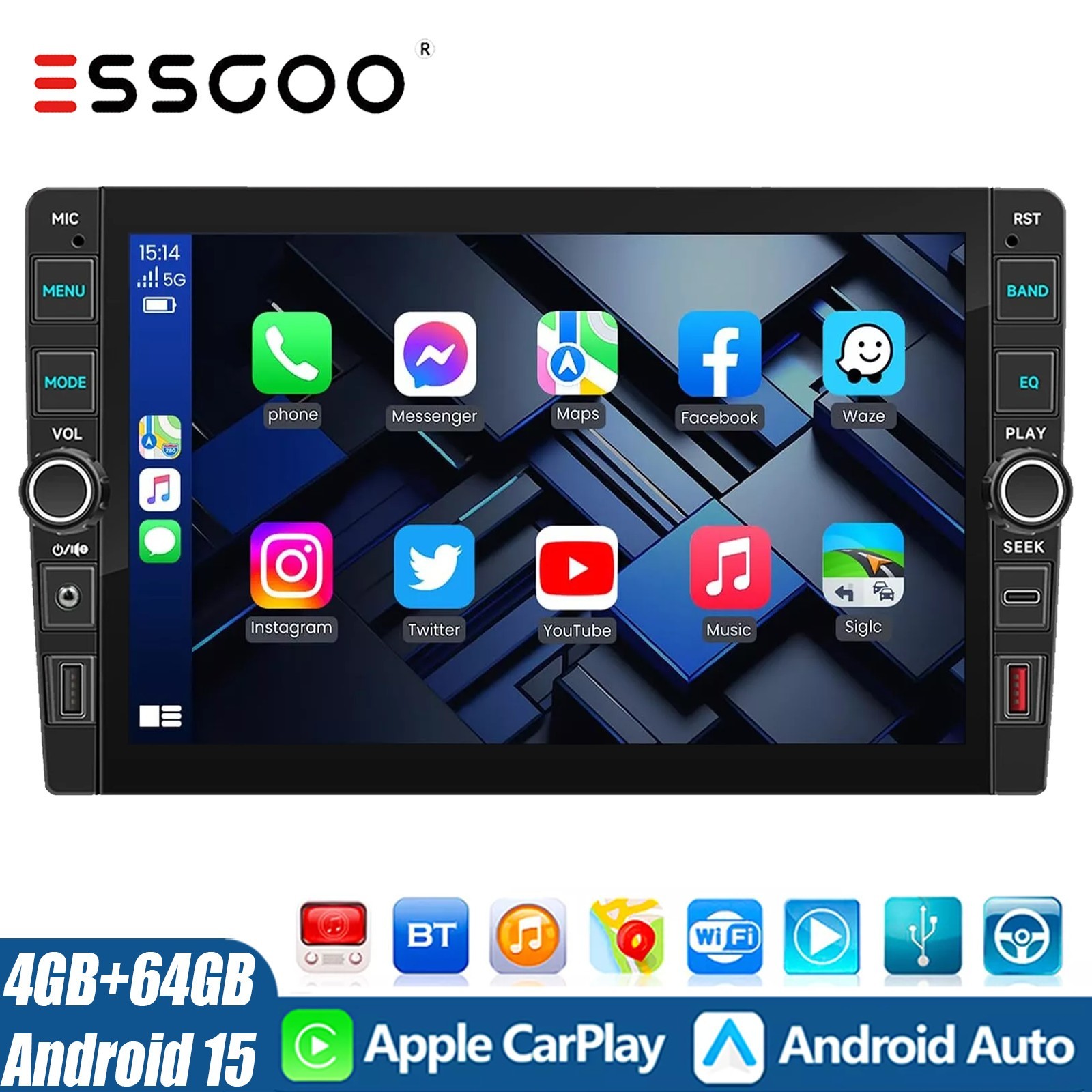 9″ 4+64G Apple CarPlay Double 2 DIN Car Stereo Radio Android GPS Head Unit SWC