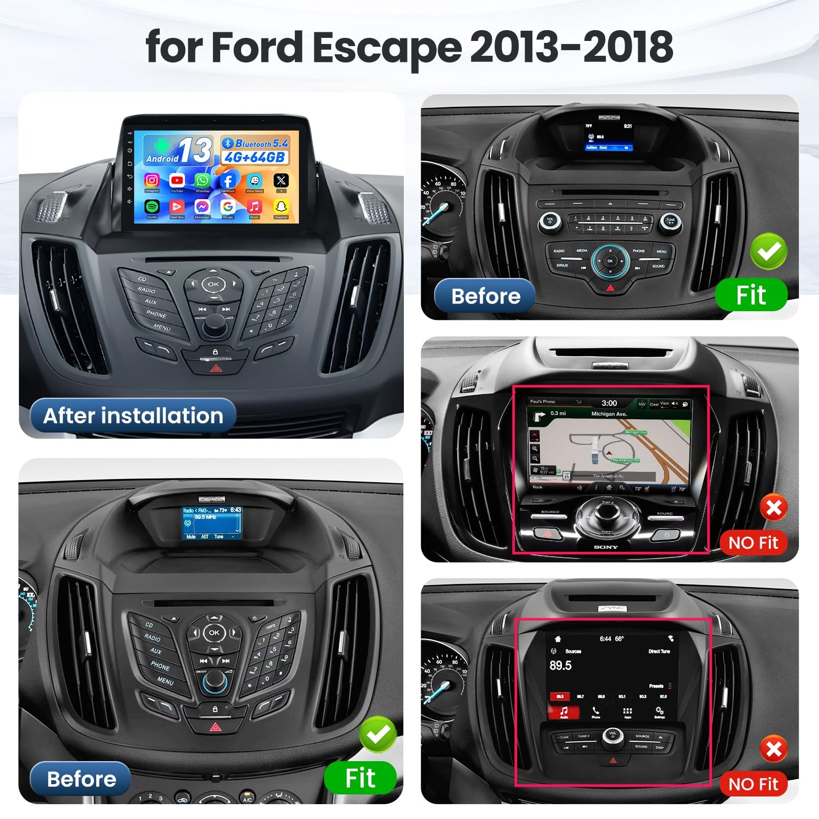 Car Radio Stereo 4Core 64G 5G WiFi 9″ GPS RDS SWC Wifi for Ford Escape 2013-2018