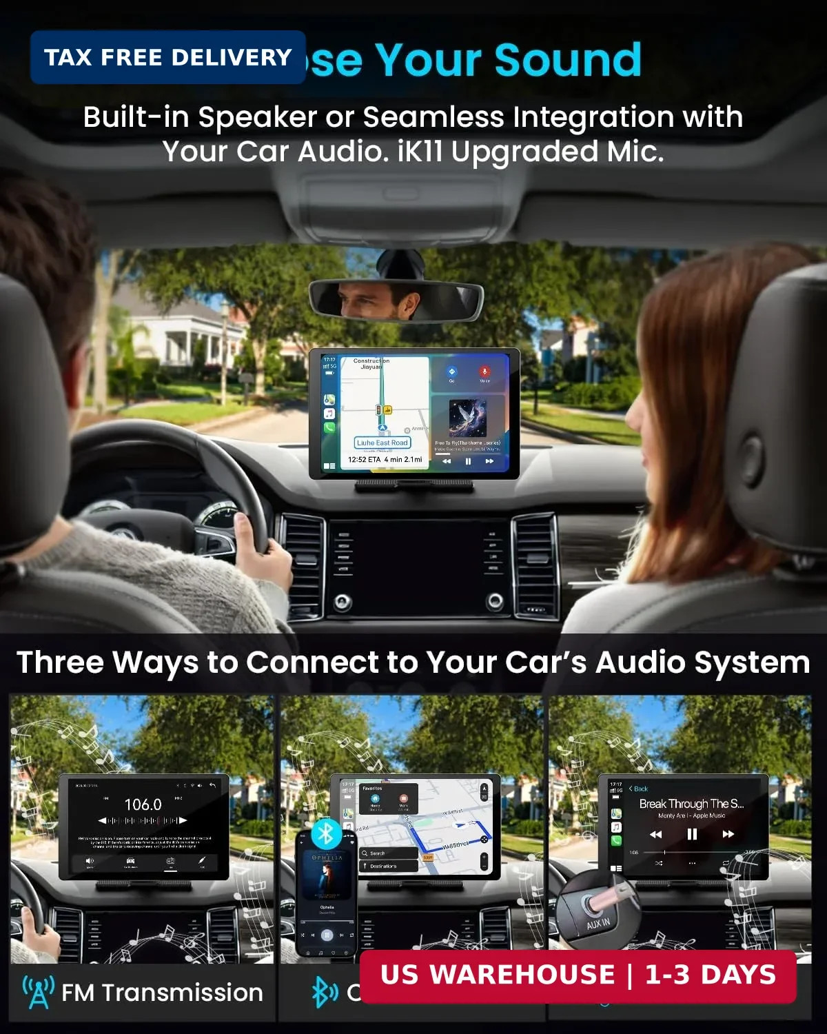11″ Extra Large Wireless Apple CarPlay Screen for Car – Ultra-Slim 0.16 Inch Tou