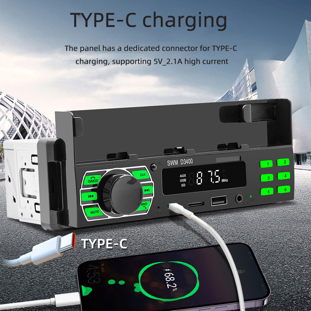 Single 1DIN Car Stereo Radio Voice Control Bluetooth TYPE-C USB FM TF MP3 Player