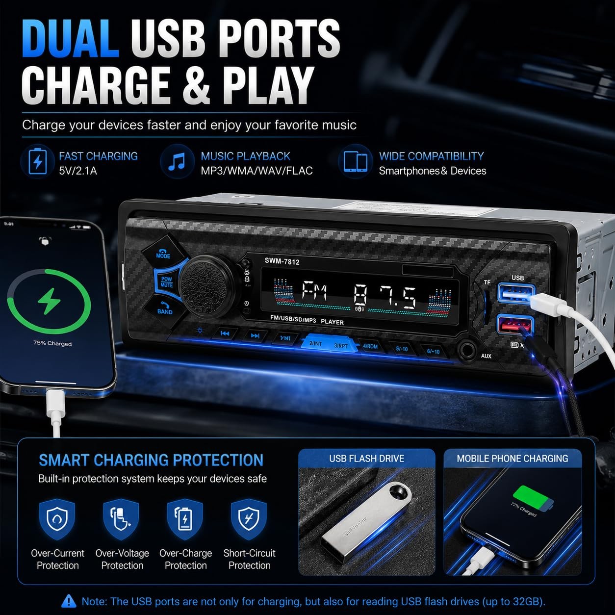 Single Din Car Radio Stereo Bluetooth AI Voice Steering Wheel Control FM USB