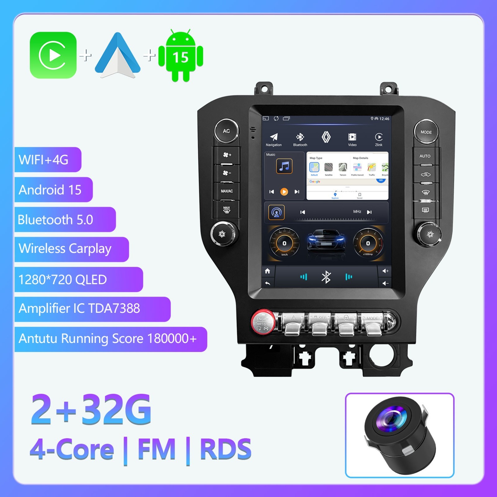 For 2015-2020 Ford Mustang Apple Carplay Car Stereo Radio GPS WIFI with Camera