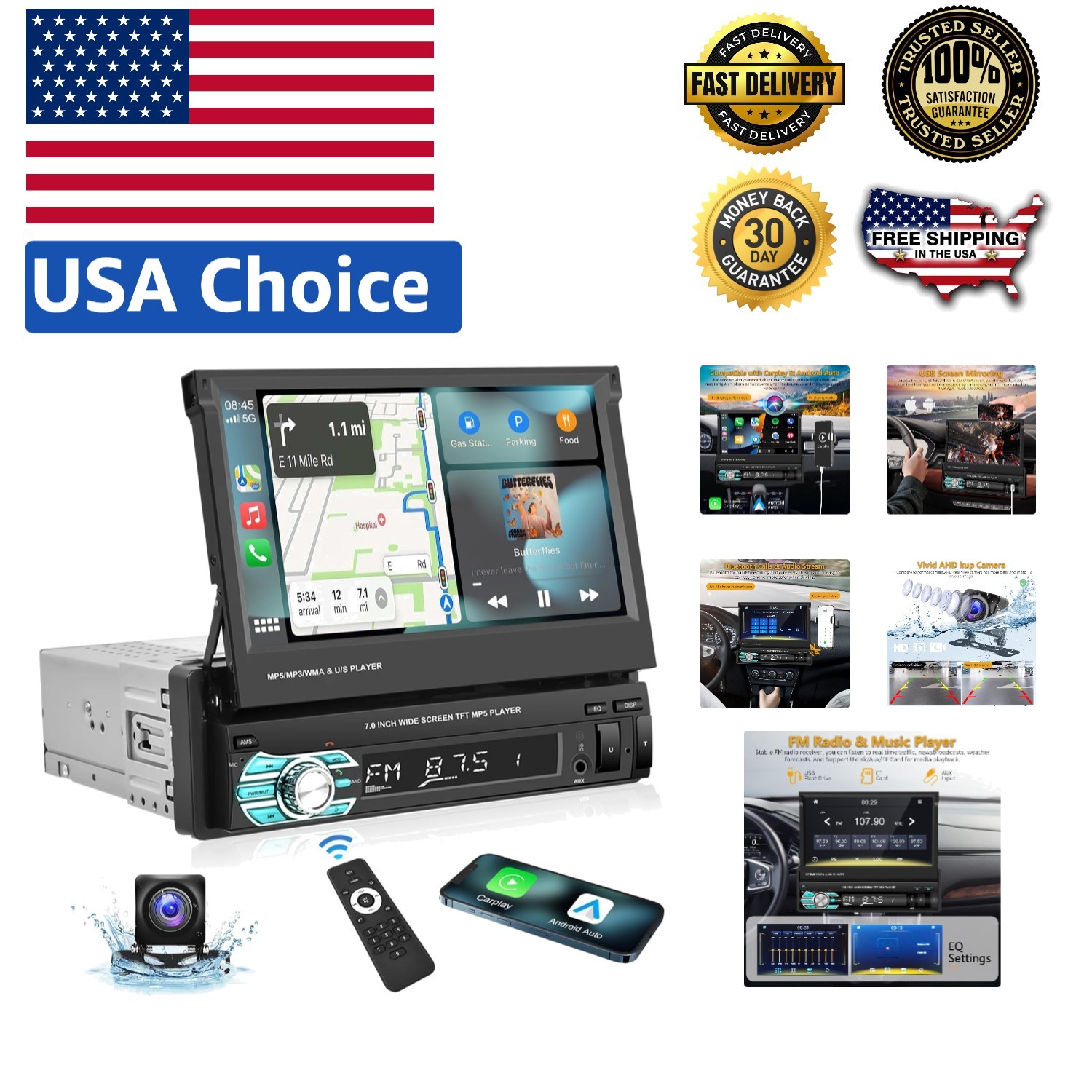 High-Quality 7-Inch Single Din Car Radio with AHD Backup & Bluetooth Connection