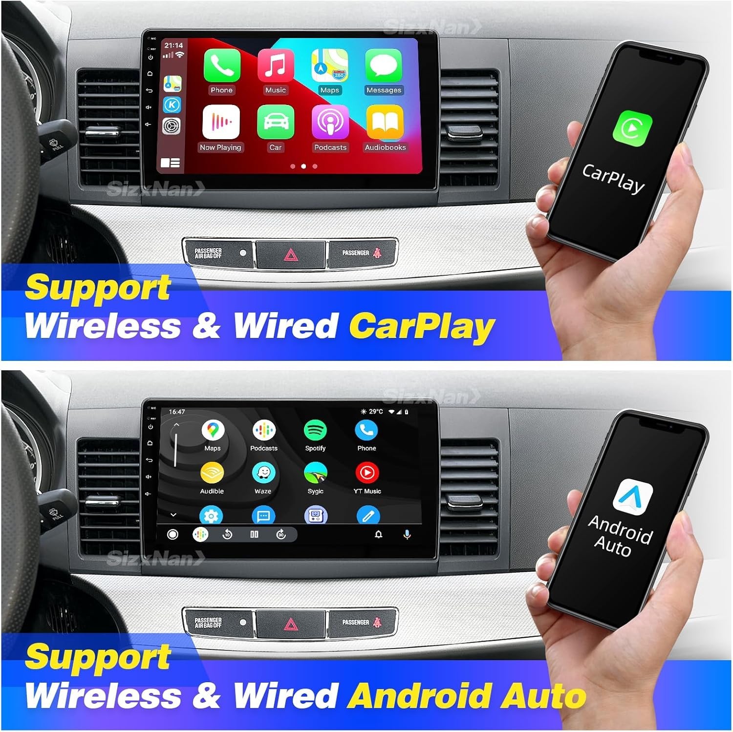 SizxNanv Lancer 2008-2017 Stereo Carplay Android Auto 2GB + 32GB 8 Core 10″ Scr