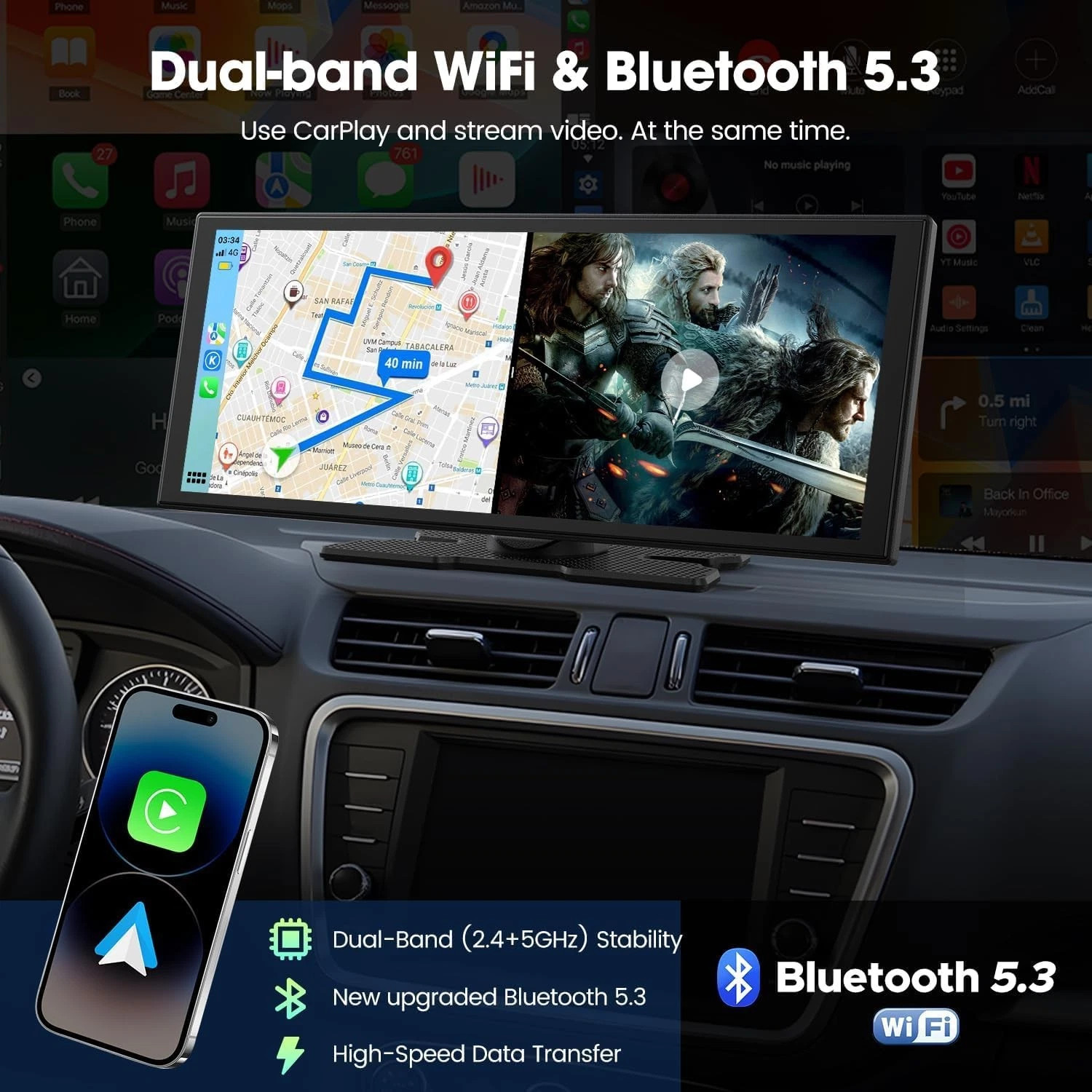 Portable 11″ Wireless CarPlay Screen Android Auto AI Box w/ Net-flix YouTube